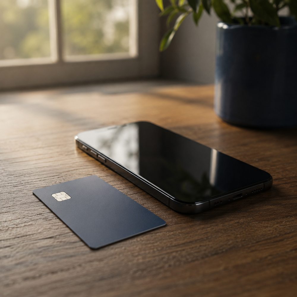 木製の机に並べて置かれたスマートフォンとデビットカード